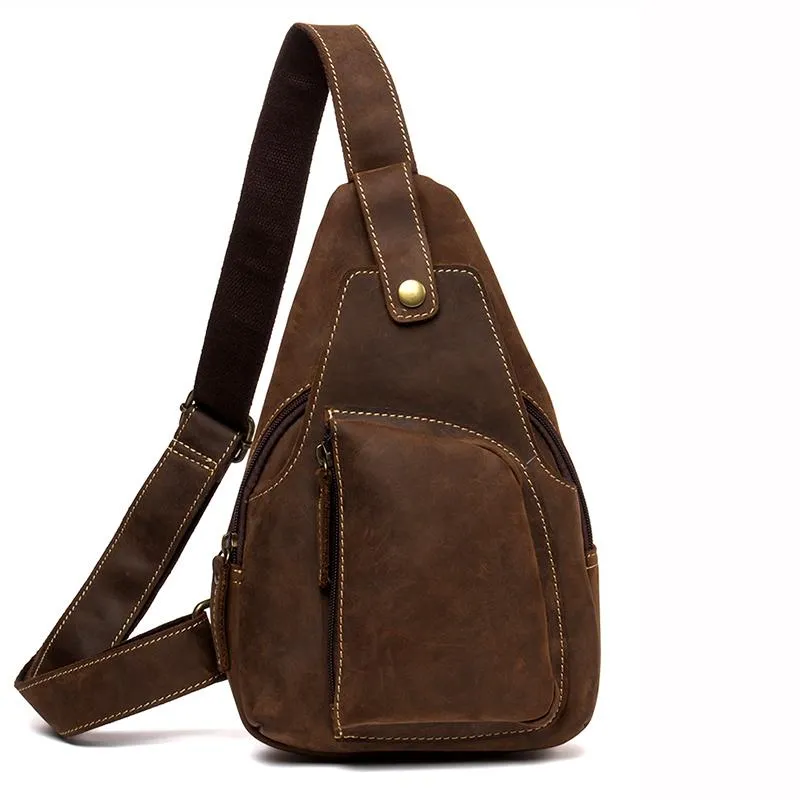 Vintage Brown Leather Mens Sling Bag Crossbody Pack Brown Cool Chest Bag for men