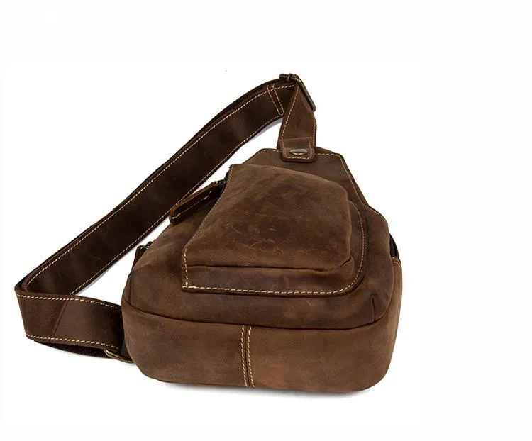 Vintage Brown Leather Mens Sling Bag Crossbody Pack Brown Cool Chest Bag for men