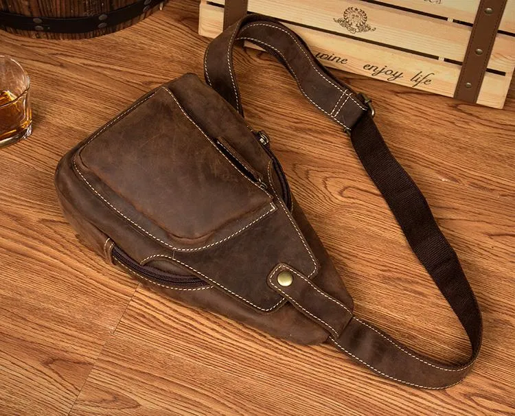 Vintage Brown Leather Mens Sling Bag Crossbody Pack Brown Cool Chest Bag for men