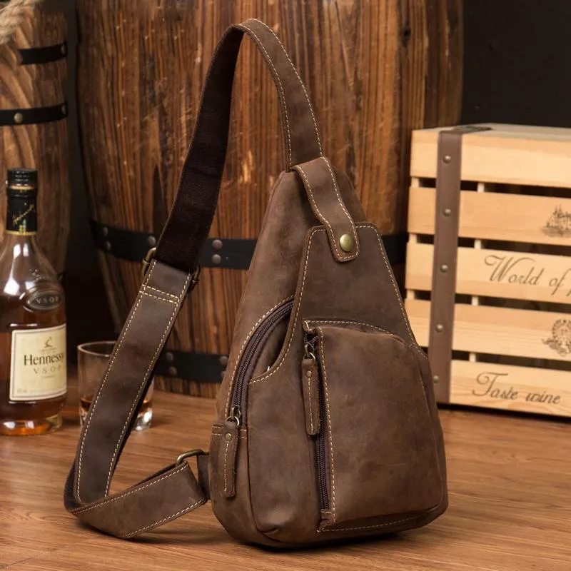 Vintage Brown Leather Mens Sling Bag Crossbody Pack Brown Cool Chest Bag for men