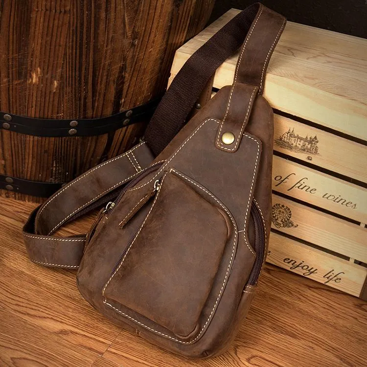Vintage Brown Leather Mens Sling Bag Crossbody Pack Brown Cool Chest Bag for men