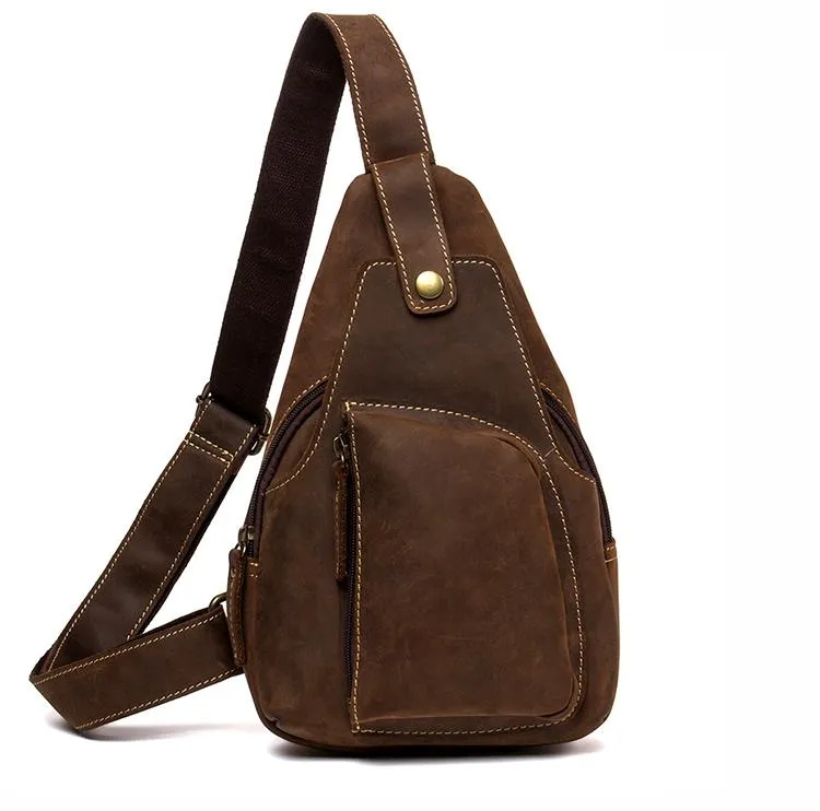 Vintage Brown Leather Mens Sling Bag Crossbody Pack Brown Cool Chest Bag for men