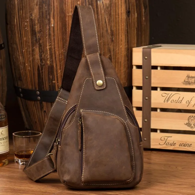Vintage Brown Leather Mens Sling Bag Crossbody Pack Brown Cool Chest Bag for men