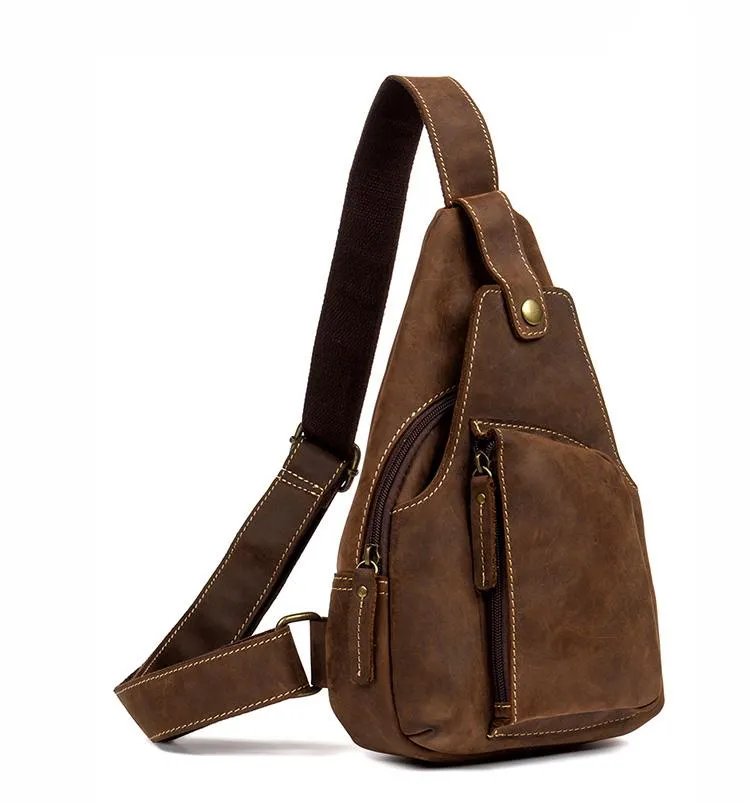 Vintage Brown Leather Mens Sling Bag Crossbody Pack Brown Cool Chest Bag for men