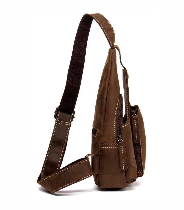 Vintage Brown Leather Mens Sling Bag Crossbody Pack Brown Cool Chest Bag for men