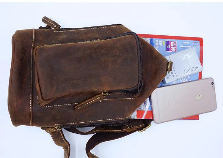 Vintage Large Brown Leather Mens Sling Bag Sling Pack Sling Backpack for Men