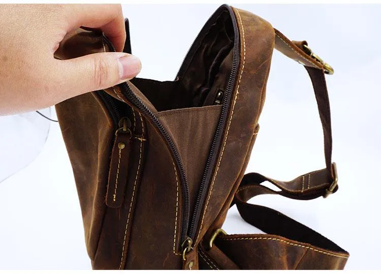 Vintage Large Brown Leather Mens Sling Bag Sling Pack Sling Backpack for Men