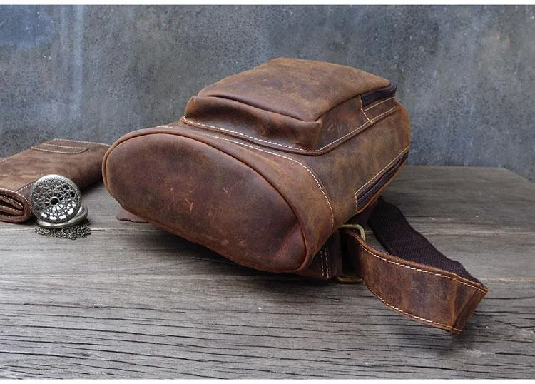 Vintage Large Brown Leather Mens Sling Bag Sling Pack Sling Backpack for Men