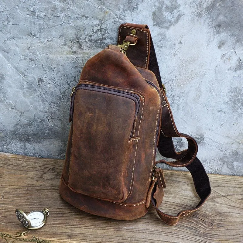 Vintage Large Brown Leather Mens Sling Bag Sling Pack Sling Backpack for Men