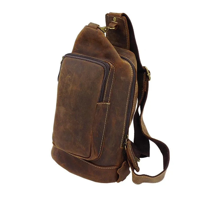 Vintage Large Leather Mens Sling Bag Brown Sling Pack Sling Backpack for Men