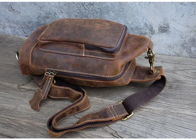 Vintage Large Leather Mens Sling Bag Brown Sling Pack Sling Backpack for Men