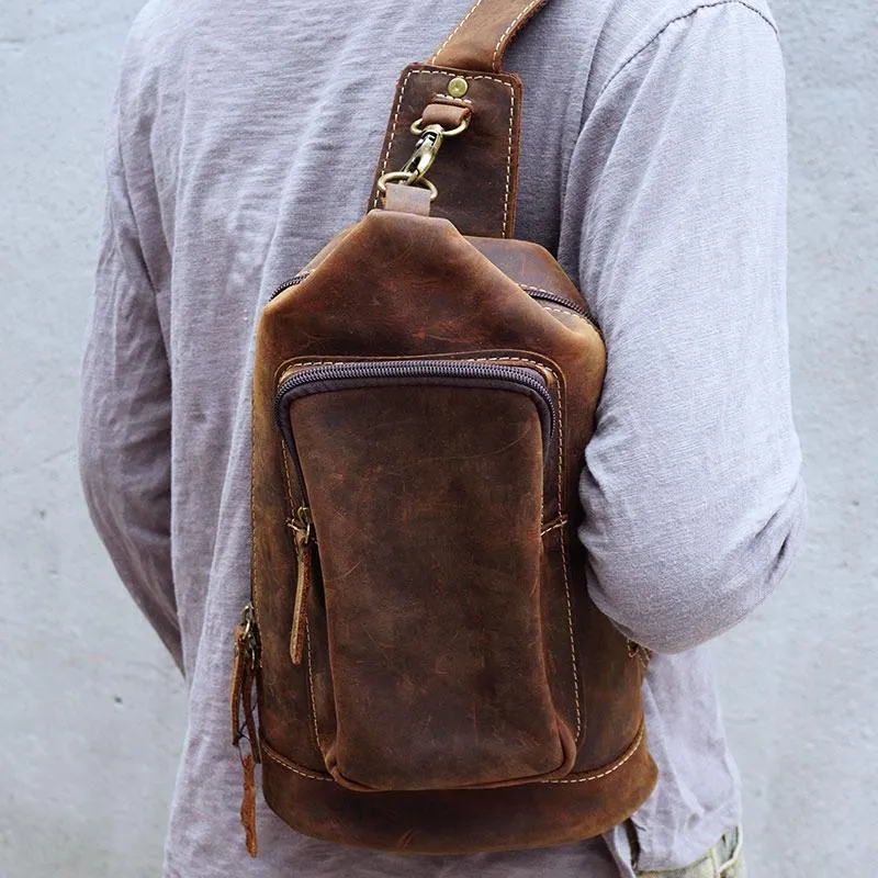 Vintage Large Leather Mens Sling Bag Brown Sling Pack Sling Backpack for Men
