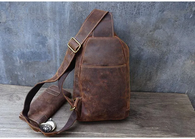 Vintage Large Leather Mens Sling Bag Brown Sling Pack Sling Backpack for Men