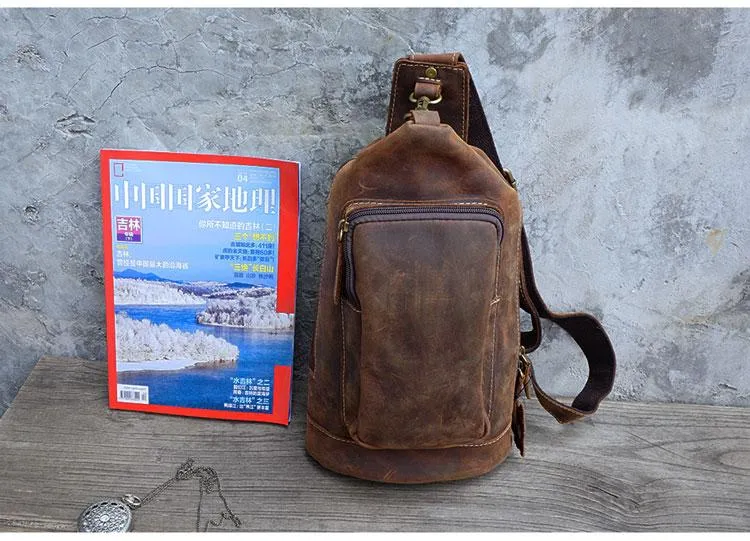 Vintage Large Leather Mens Sling Bag Brown Sling Pack Sling Backpack for Men