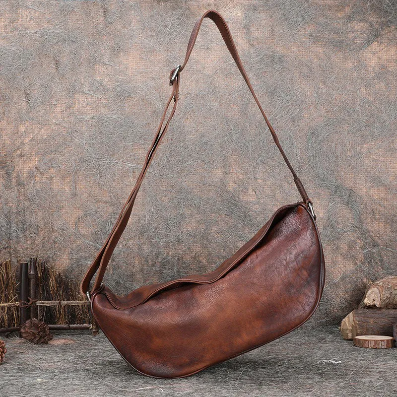 Vintage Mens Sling Bag Leather Saddle Chest Bag Shoulder Purse Crossbody Pack for Men