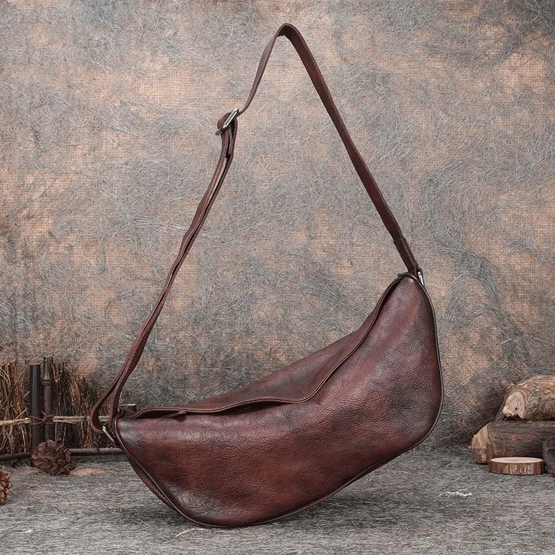 Vintage Mens Sling Bag Leather Saddle Chest Bag Shoulder Purse Crossbody Pack for Men