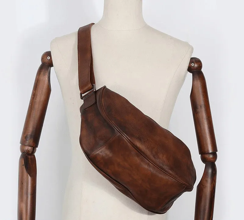 Vintage Mens Sling Bag Leather Saddle Chest Bag Shoulder Purse Crossbody Pack for Men