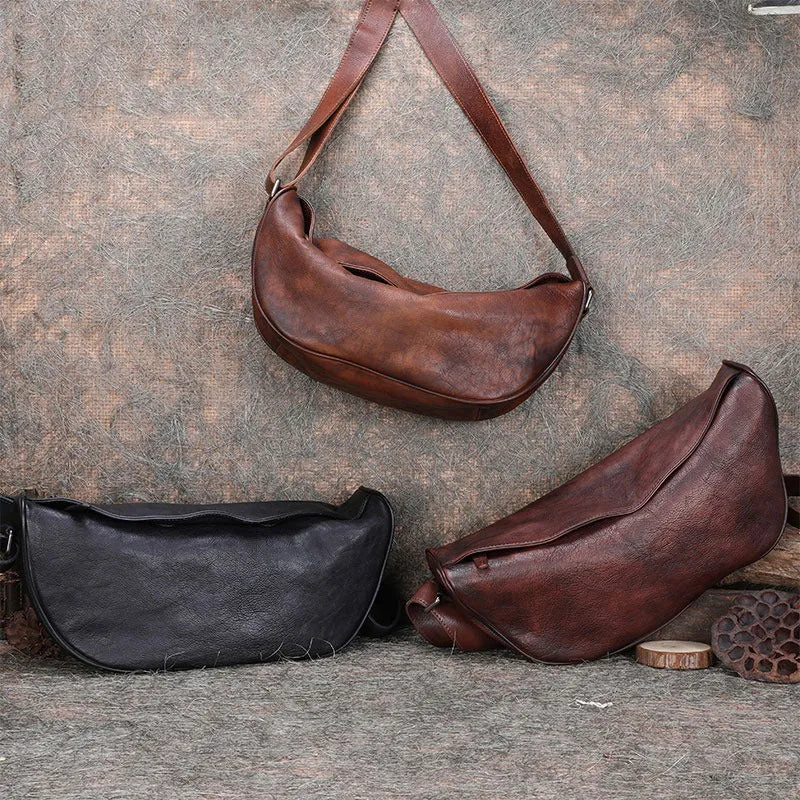 Vintage Mens Sling Bag Leather Saddle Chest Bag Shoulder Purse Crossbody Pack for Men
