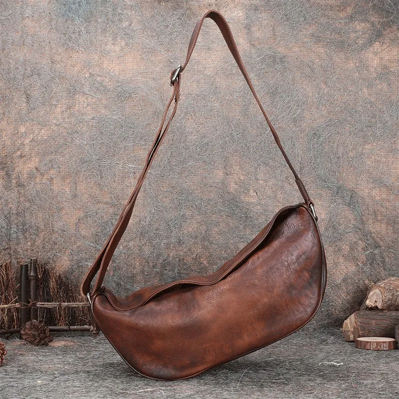 Vintage Mens Sling Bag Leather Saddle Chest Bag Shoulder Purse Crossbody Pack for Men