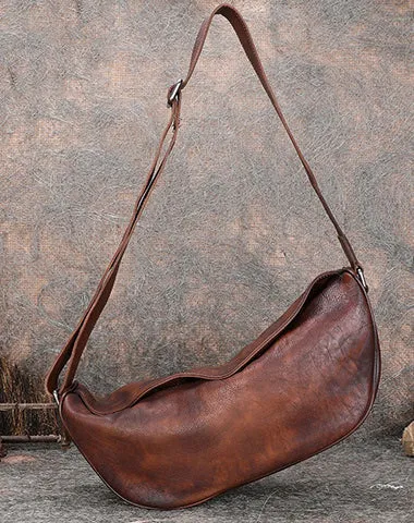 Vintage Mens Sling Bag Leather Saddle Chest Bag Shoulder Purse Crossbody Pack for Men