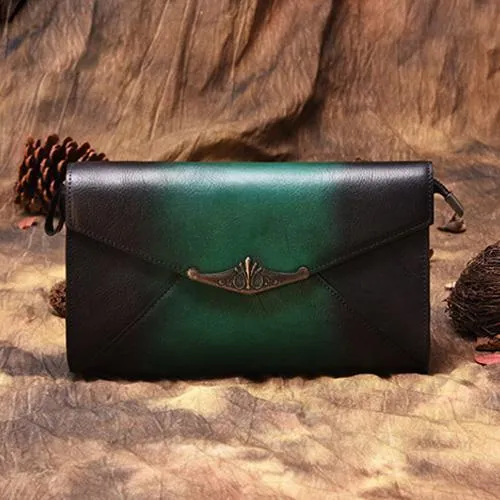 Vintage Red Leather Wallet Womens Side Bag Clutch Wallet Purse Green Shoulder Bag