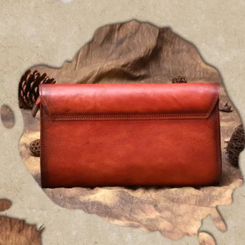 Vintage Red Leather Wallet Womens Side Bag Clutch Wallet Purse Green Shoulder Bag
