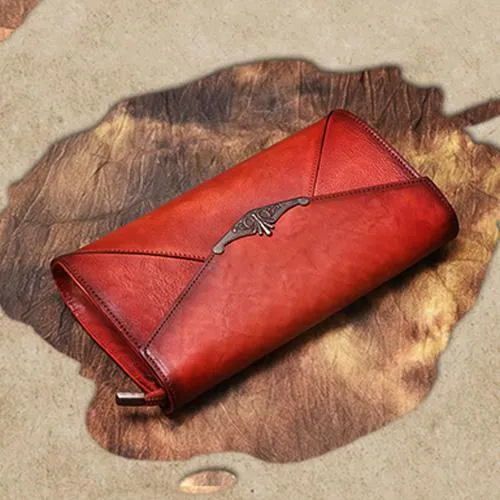 Vintage Red Leather Wallet Womens Side Bag Clutch Wallet Purse Green Shoulder Bag
