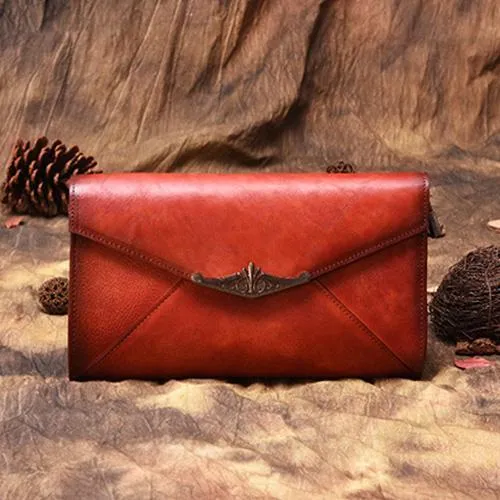 Vintage Red Leather Wallet Womens Side Bag Clutch Wallet Purse Green Shoulder Bag
