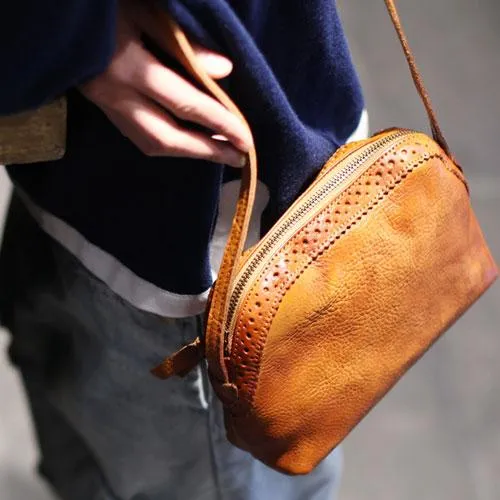 Vintage Small WOmens Brown Leather Small Crossbody Bag Black Zipper Shoulder Bag for Ladies