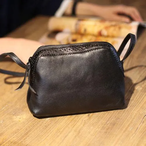 Vintage Small WOmens Brown Leather Small Crossbody Bag Black Zipper Shoulder Bag for Ladies