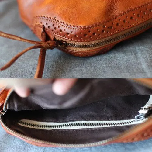 Vintage Small WOmens Brown Leather Small Crossbody Bag Black Zipper Shoulder Bag for Ladies