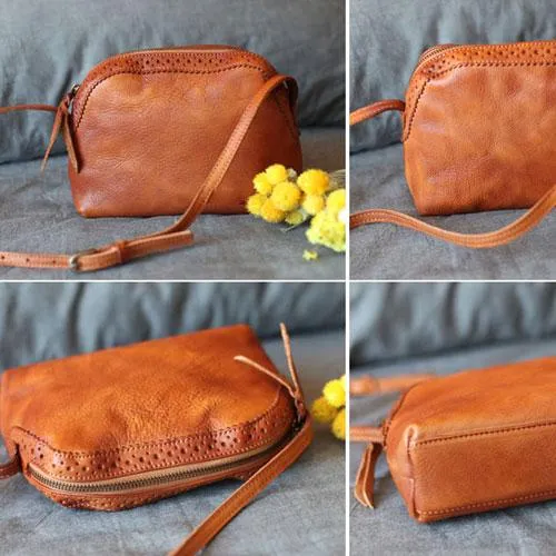 Vintage Small WOmens Brown Leather Small Crossbody Bag Black Zipper Shoulder Bag for Ladies