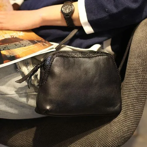 Vintage Small WOmens Brown Leather Small Crossbody Bag Black Zipper Shoulder Bag for Ladies