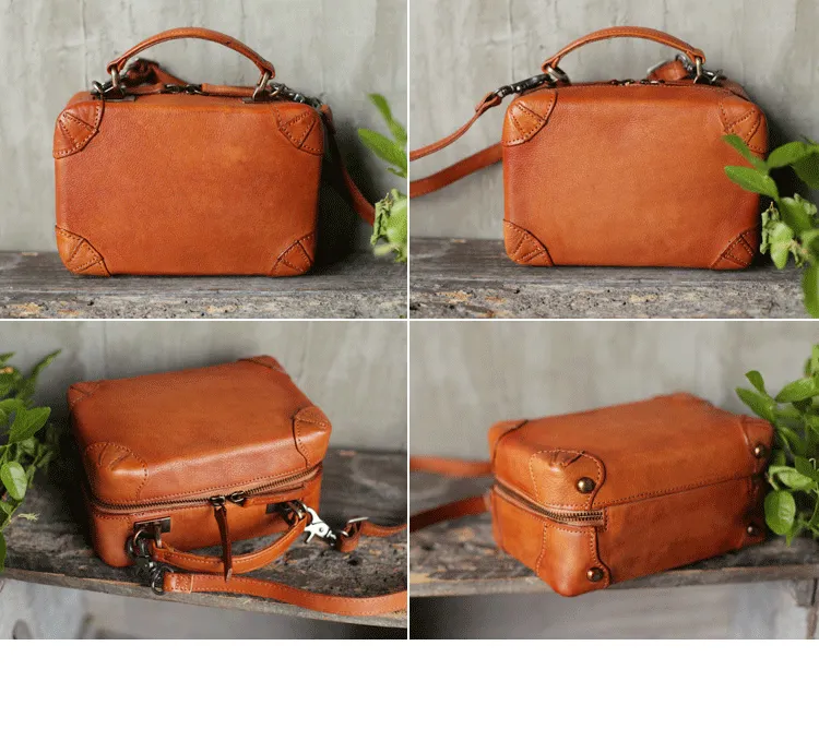Vintage Womens Brown Leather Box Satchel Handbag Square Shoulder Bag Handbags Crossbody Bag Purse