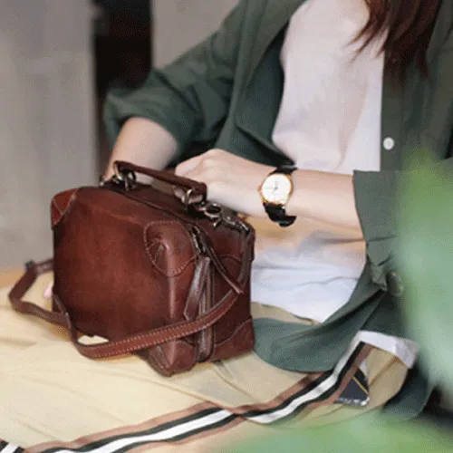 Vintage Womens Brown Leather Box Satchel Handbag Square Shoulder Bag Handbags Crossbody Bag Purse