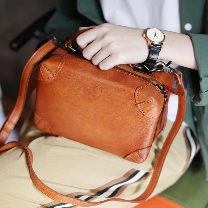 Vintage Womens Brown Leather Box Satchel Handbag Square Shoulder Bag Handbags Crossbody Bag Purse