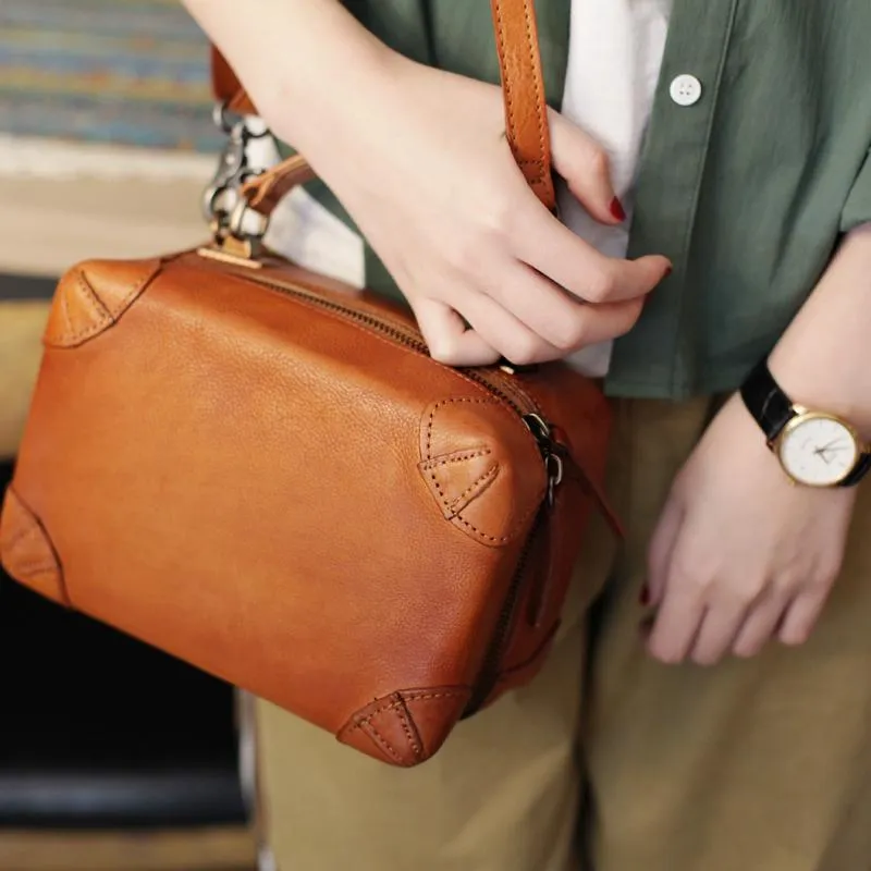 Vintage Womens Brown Leather Box Satchel Handbag Square Shoulder Bag Handbags Crossbody Bag Purse