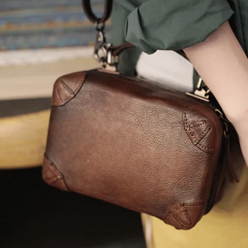 Vintage Womens Brown Leather Box Satchel Handbag Square Shoulder Bag Handbags Crossbody Bag Purse