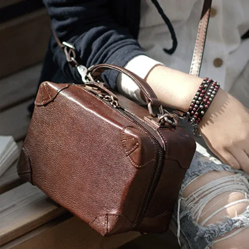 Vintage Womens Brown Leather Box Satchel Handbag Square Shoulder Bag Handbags Crossbody Bag Purse