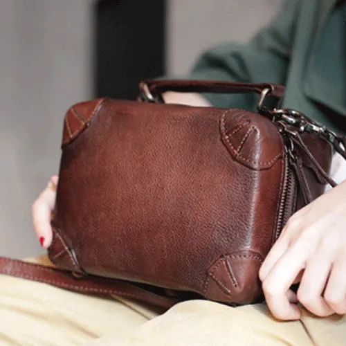 Vintage Womens Brown Leather Box Satchel Handbag Square Shoulder Bag Handbags Crossbody Bag Purse