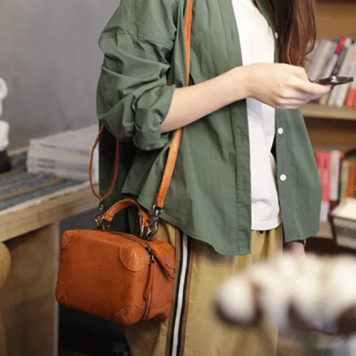 Vintage Womens Brown Leather Box Satchel Handbag Square Shoulder Bag Handbags Crossbody Bag Purse