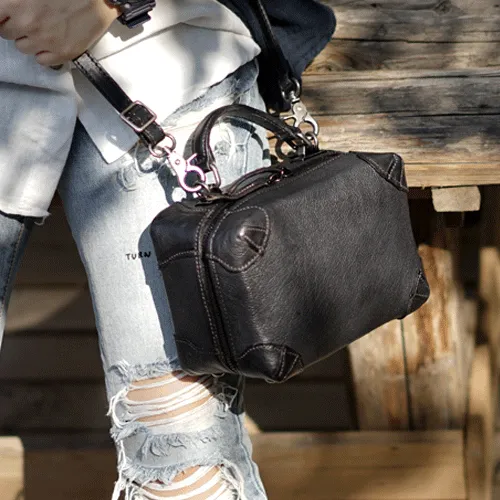 Vintage Womens Brown Leather Box Satchel Handbag Square Shoulder Bag Handbags Crossbody Bag Purse