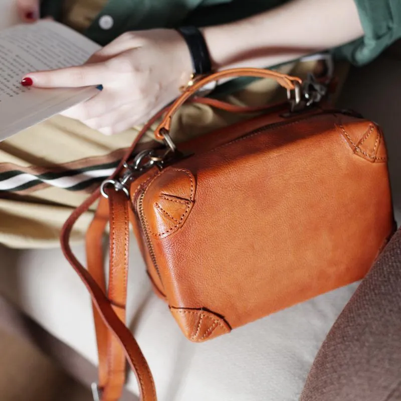 Vintage Womens Brown Leather Box Satchel Handbag Square Shoulder Bag Handbags Crossbody Bag Purse