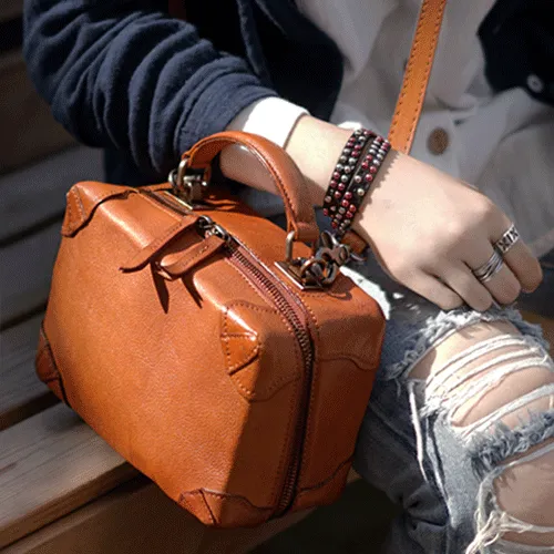 Vintage Womens Brown Leather Box Satchel Handbag Square Shoulder Bag Handbags Crossbody Bag Purse