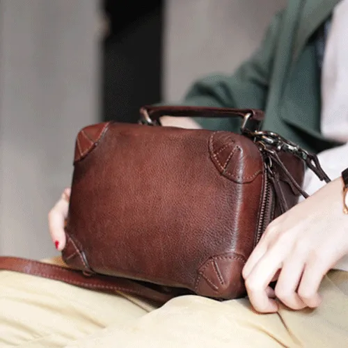 Vintage Womens Brown Leather Box Satchel Handbag Square Shoulder Bag Handbags Crossbody Bag Purse