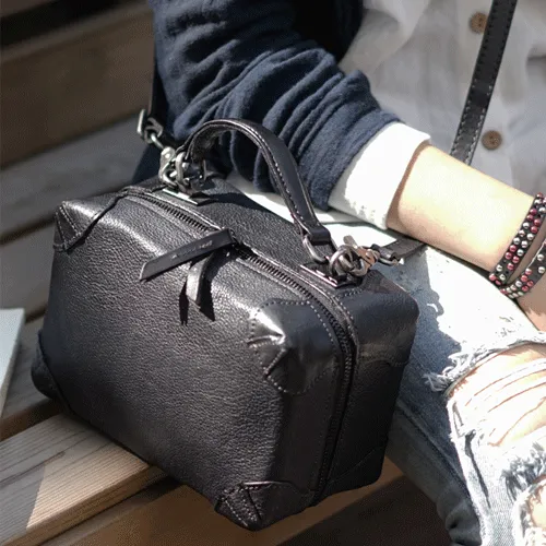 Vintage Womens Brown Leather Box Satchel Handbag Square Shoulder Bag Handbags Crossbody Bag Purse
