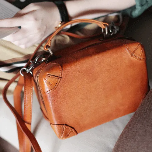 Vintage Womens Brown Leather Box Satchel Handbag Square Shoulder Bag Handbags Crossbody Bag Purse