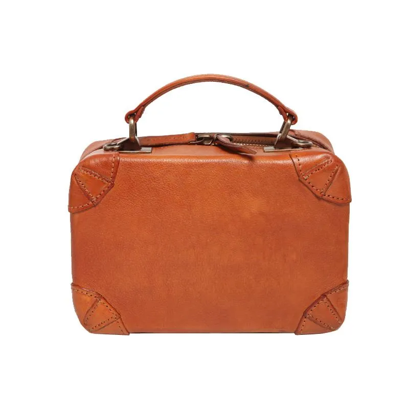 Vintage Womens Brown Leather Box Satchel Handbag Square Shoulder Bag Handbags Crossbody Bag Purse