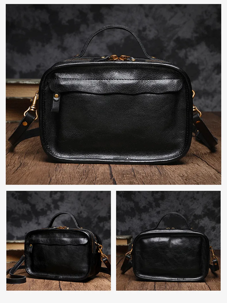 Vintage Womens Coffee Small Cube Handbag Leather Black Women's Shoulder Purse for Ladies