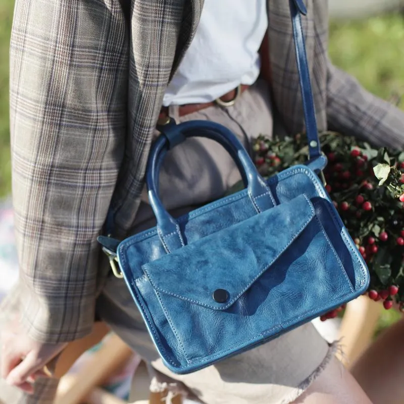 Vintage Women's Leather Blue Satchel Handbags Shoulder Bag Black Square Crossbody Bag Purse